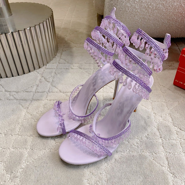 RENE CAOVILLA 26S CLEO HIGH HEELS SANDALS 95 MM IN LIGHT PURPLE LAMBSKIN STYLE 11