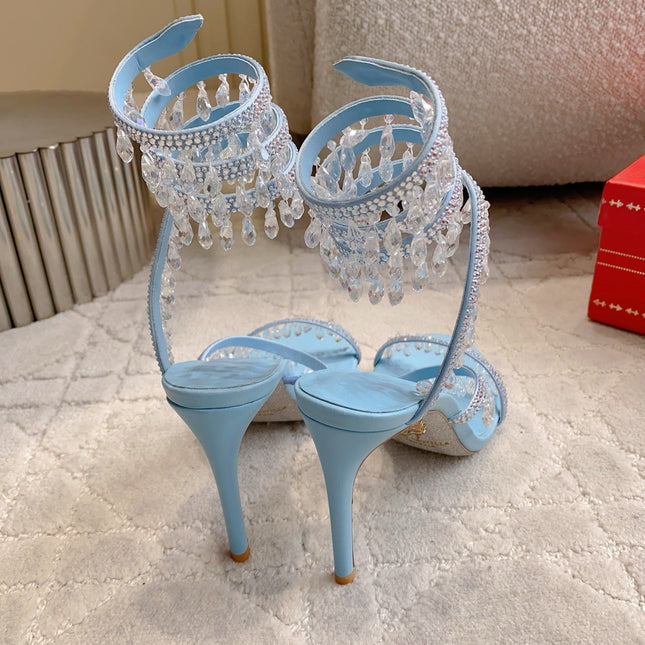 RENE CAOVILLA 26S CLEO HIGH HEELS SANDALS 95 MM IN LIGHT BLUE LAMBSKIN
