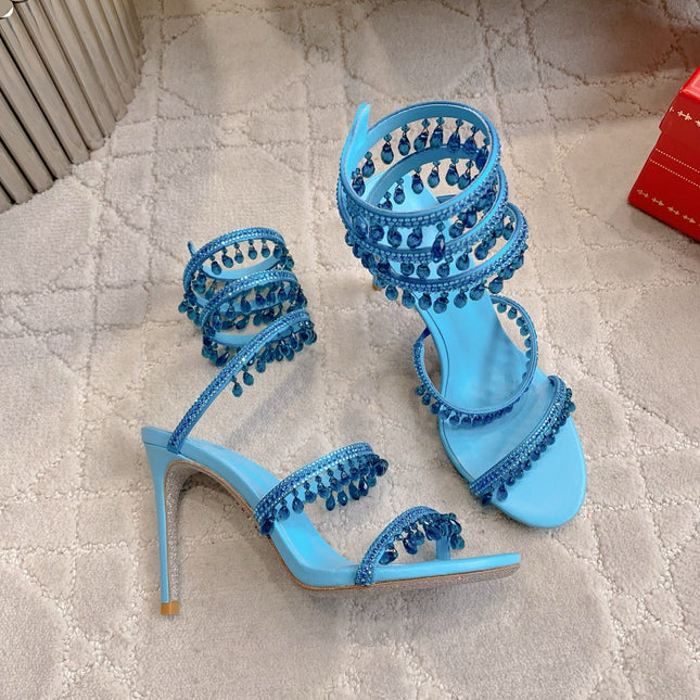 RENE CAOVILLA 26S CLEO HIGH HEELS SANDALS 95 MM IN BLUE LAMBSKIN