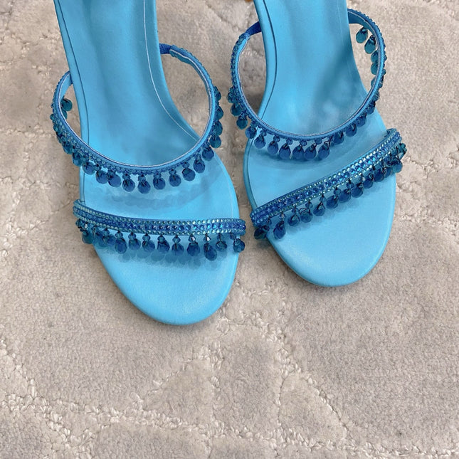 RENE CAOVILLA 26S CLEO HIGH HEELS SANDALS 95 MM IN BLUE LAMBSKIN