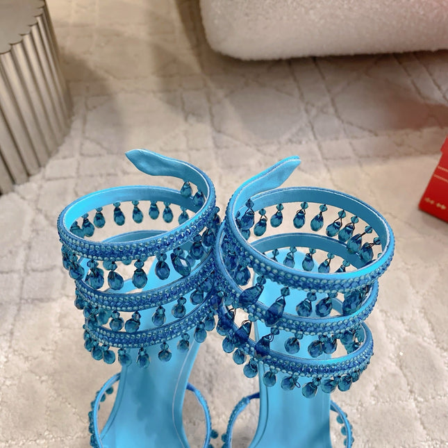 RENE CAOVILLA 26S CLEO HIGH HEELS SANDALS 95 MM IN BLUE LAMBSKIN