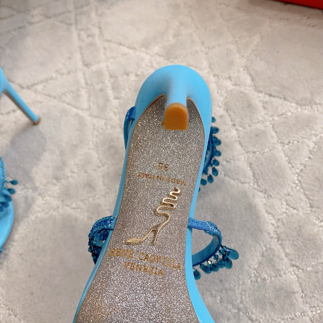RENE CAOVILLA 26S CLEO HIGH HEELS SANDALS 95 MM IN BLUE LAMBSKIN