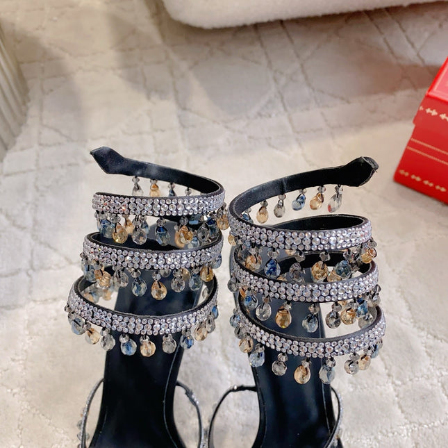 RENE CAOVILLA 26S CLEO HIGH HEELS SANDALS 95 MM IN BLACK LAMBSKIN STYLE 6