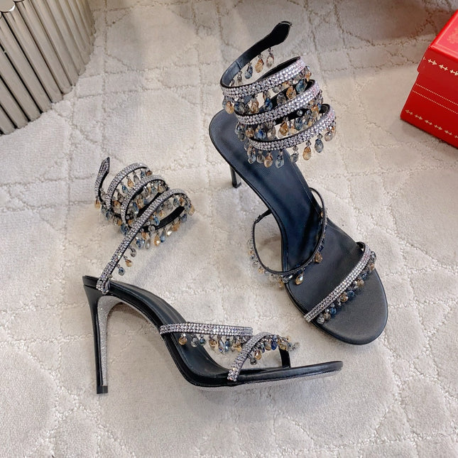 RENE CAOVILLA 26S CLEO HIGH HEELS SANDALS 95 MM IN BLACK LAMBSKIN STYLE 6