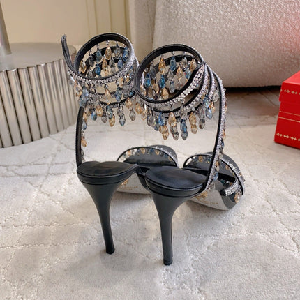 RENE CAOVILLA 26S CLEO HIGH HEELS SANDALS 95 MM IN BLACK LAMBSKIN STYLE 6