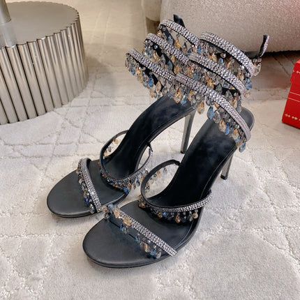 RENE CAOVILLA 26S CLEO HIGH HEELS SANDALS 95 MM IN BLACK LAMBSKIN STYLE 6