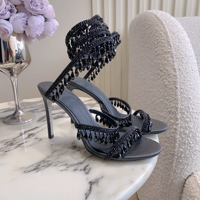 RENE CAOVILLA 26S CLEO HIGH HEELS SANDALS 95 MM IN BLACK LAMBSKIN STYLE 7