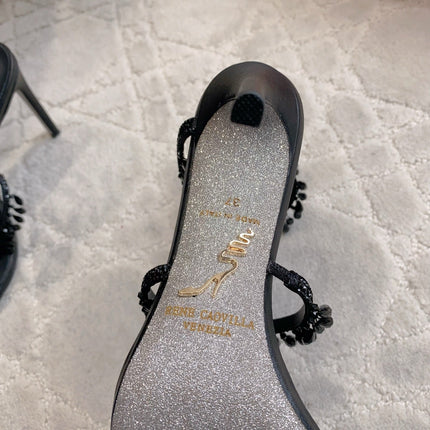 RENE CAOVILLA 26S CLEO HIGH HEELS SANDALS 95 MM IN BLACK LAMBSKIN STYLE 7