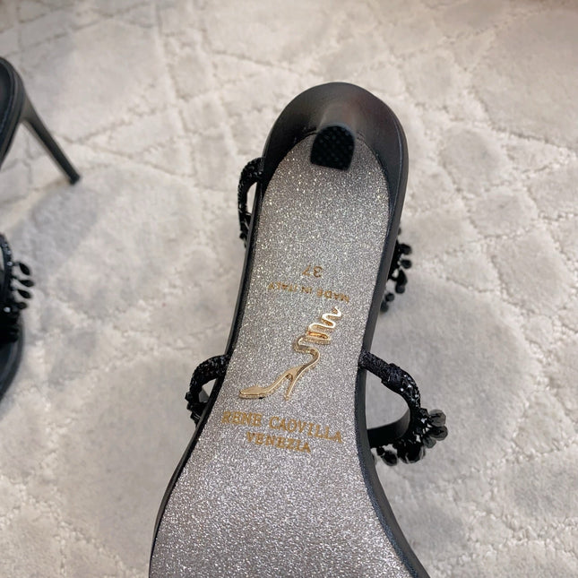 RENE CAOVILLA 26S CLEO HIGH HEELS SANDALS 95 MM IN BLACK LAMBSKIN STYLE 7