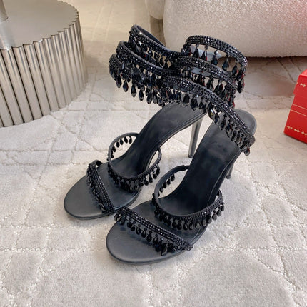 RENE CAOVILLA 26S CLEO HIGH HEELS SANDALS 95 MM IN BLACK LAMBSKIN STYLE 7
