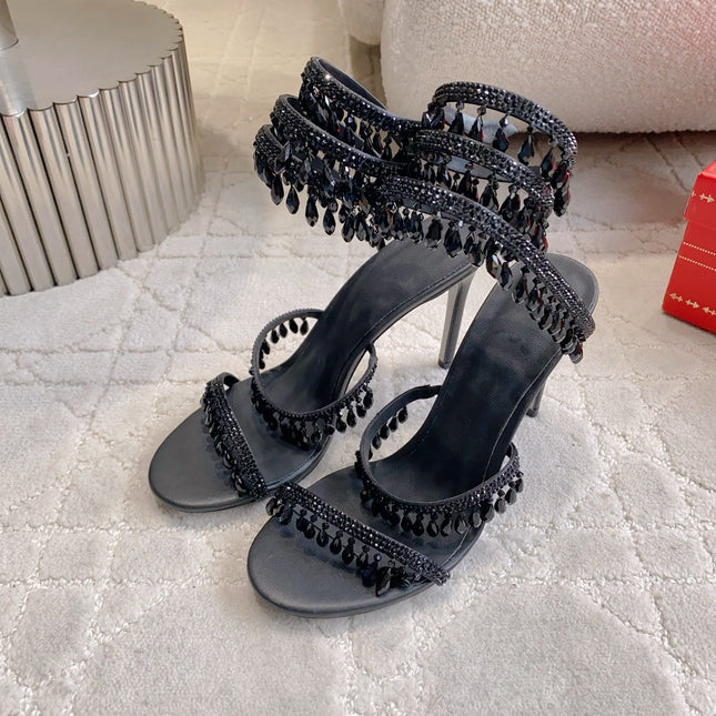 RENE CAOVILLA 26S CLEO HIGH HEELS SANDALS 95 MM IN BLACK LAMBSKIN STYLE 7