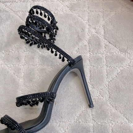 RENE CAOVILLA 26S CLEO HIGH HEELS SANDALS 95 MM IN BLACK LAMBSKIN STYLE 7