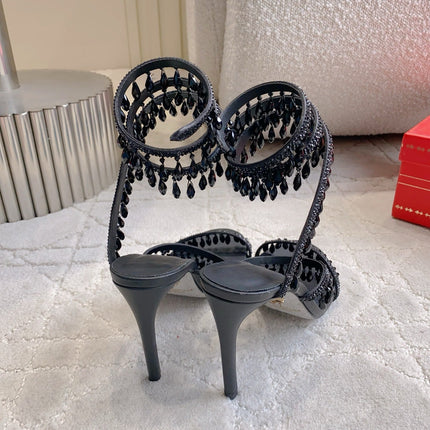 RENE CAOVILLA 26S CLEO HIGH HEELS SANDALS 95 MM IN BLACK LAMBSKIN STYLE 7