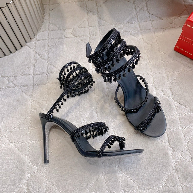 RENE CAOVILLA 26S CLEO HIGH HEELS SANDALS 95 MM IN BLACK LAMBSKIN STYLE 7