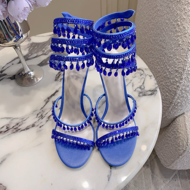RENE CAOVILLA 26S CLEO HIGH HEELS SANDALS 95 MM IN NAVY BLUE LAMBSKIN