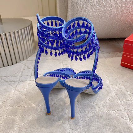 RENE CAOVILLA 26S CLEO HIGH HEELS SANDALS 95 MM IN NAVY BLUE LAMBSKIN