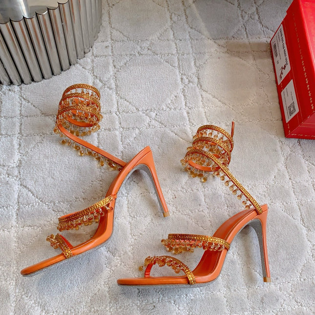 RENE CAOVILLA 26S CLEO HIGH HEELS SANDALS 95 MM IN ORANGE LAMBSKIN STYLE 4