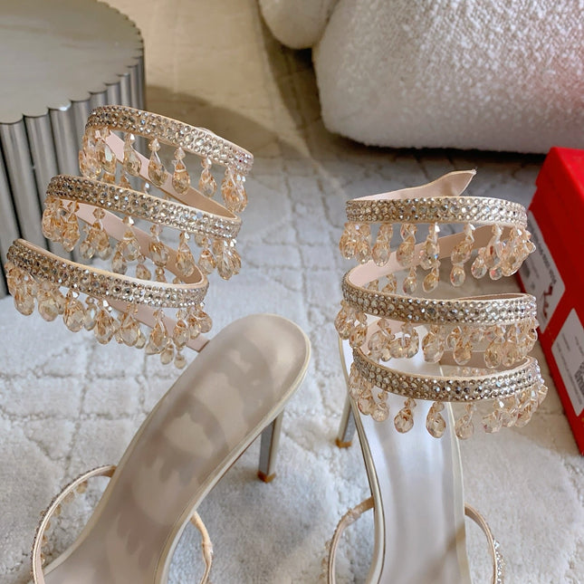 RENE CAOVILLA 26S CLEO HIGH HEELS SANDALS 95 MM IN LIGHT BEIGE LAMBSKIN