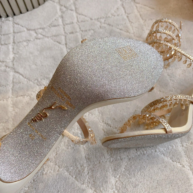 RENE CAOVILLA 26S CLEO HIGH HEELS SANDALS 95 MM IN LIGHT BEIGE LAMBSKIN