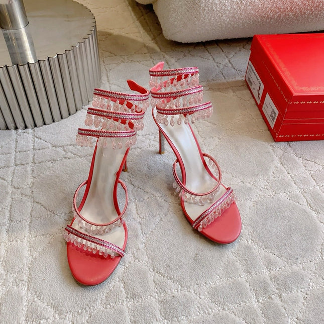 RENE CAOVILLA 26S CLEO HIGH HEELS SANDALS 95 MM IN RED LAMBSKIN