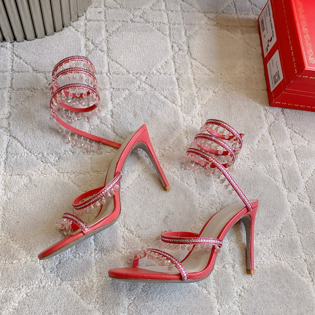 RENE CAOVILLA 26S CLEO HIGH HEELS SANDALS 95 MM IN RED LAMBSKIN