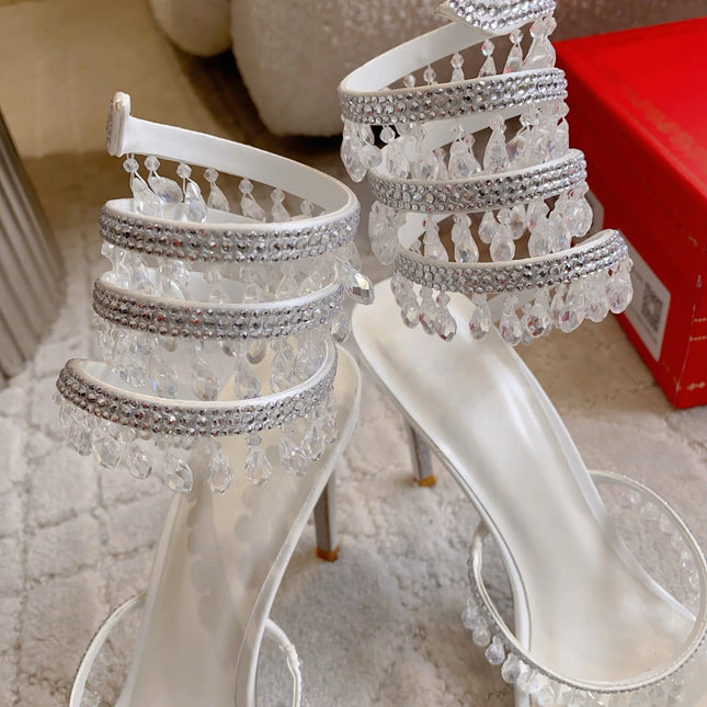 RENE CAOVILLA 26S CLEO HIGH HEELS SANDALS 95 MM IN WHITE LAMBSKIN STYLE 1