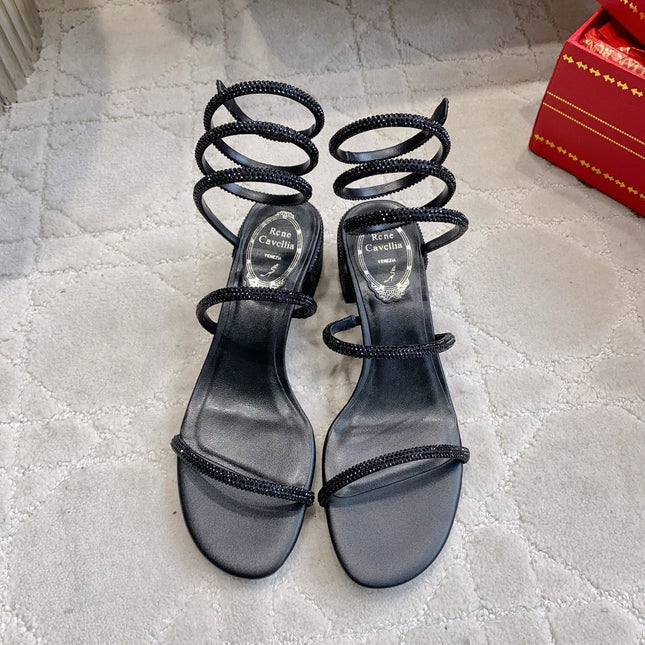 RENE CAOVILLA 26S RHINESTONE HIGH HEELS SANDALS 45 MM IN BLACK LAMBSKIN