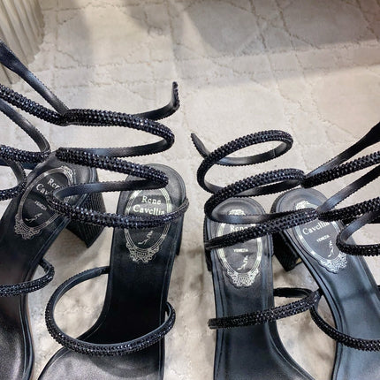 RENE CAOVILLA 26S RHINESTONE HIGH HEELS SANDALS 75 MM IN BLACK LAMBSKIN
