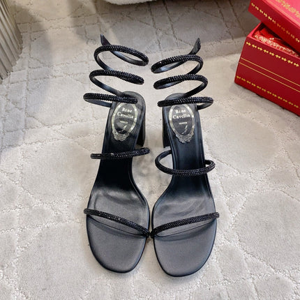 RENE CAOVILLA 26S RHINESTONE HIGH HEELS SANDALS 75 MM IN BLACK LAMBSKIN