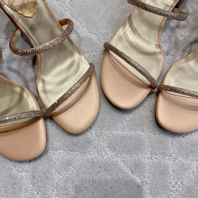 RENE CAOVILLA 26S RHINESTONE HIGH HEELS SANDALS 45 MM IN BEIGE LAMBSKIN