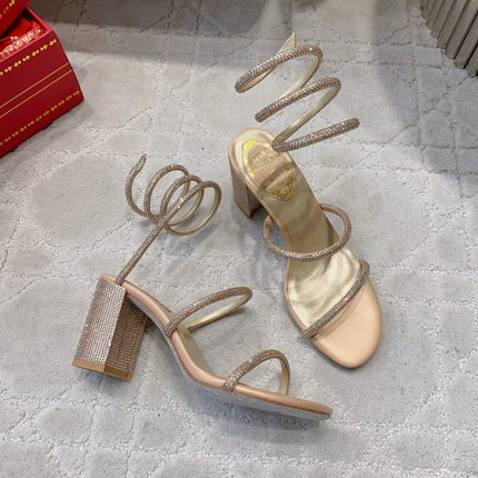 RENE CAOVILLA 26S RHINESTONE HIGH HEELS SANDALS 75 MM IN BEIGE LAMBSKIN