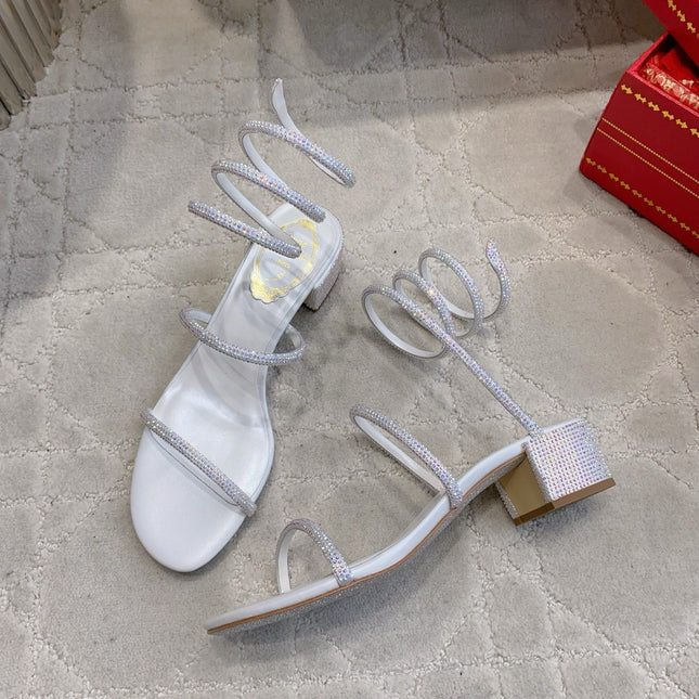 RENE CAOVILLA 26S RHINESTONE HIGH HEELS SANDALS 45 MM IN WHITE LAMBSKIN