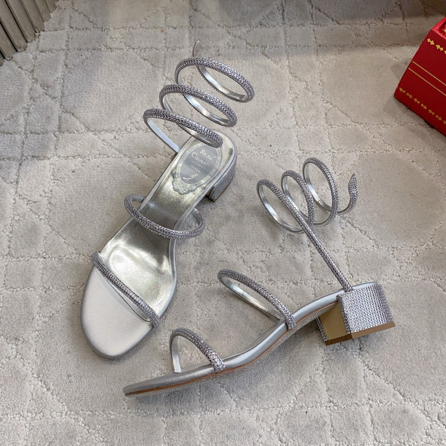 RENE CAOVILLA 26S RHINESTONE HIGH HEELS SANDALS 45 MM IN SILVER LAMBSKIN