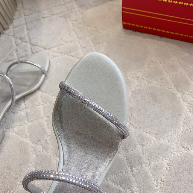 RENE CAOVILLA 26S HIGH-HEELED SANDALS 45 MM IN SILVER LAMBSKIN