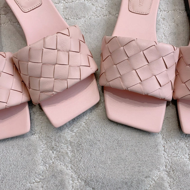 BOTTEGA VENETA 26S SQUARE-TOE HIGH-HEEL SANDALS 50 MM IN PASTEL PINK LAMBSKIN