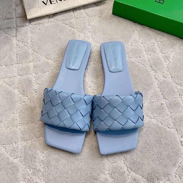 BOTTEGA VENETA 26S SQUARE-TOE SLIDE SANDALS IN BLUE LAMBSKIN