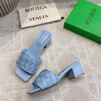 BOTTEGA VENETA 26S SQUARE-TOE HIGH-HEEL SANDALS 50 MM IN BLUE LAMBSKIN