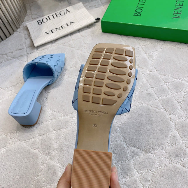 BOTTEGA VENETA 26S SQUARE-TOE HIGH-HEEL SANDALS 50 MM IN BLUE LAMBSKIN