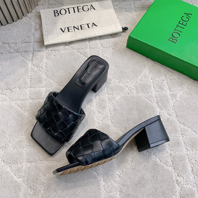 BOTTEGA VENETA 26S SQUARE-TOE HIGH-HEEL SANDALS 50 MM IN BLACK LAMBSKIN