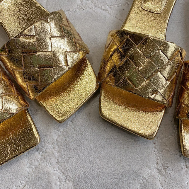 BOTTEGA VENETA 26S SQUARE-TOE HIGH-HEEL SANDALS 50 MM IN GOLD LAMBSKIN