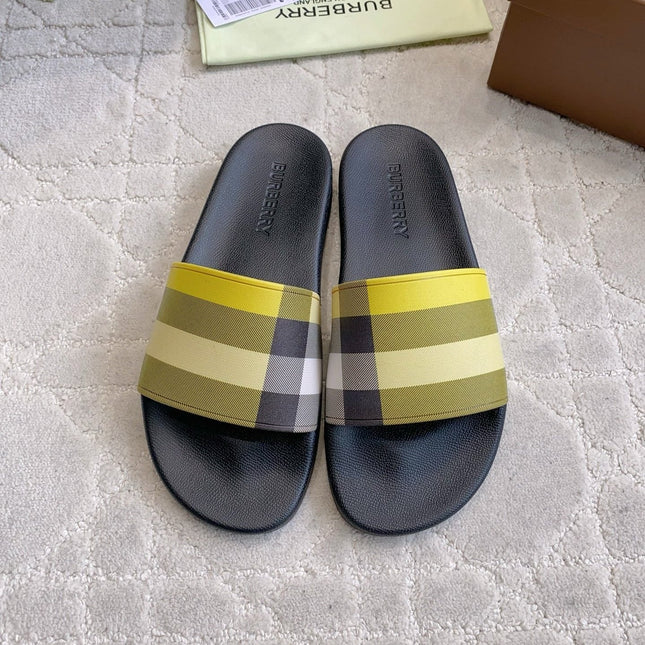 BURBERRY 26S CHECK RUBBER SLIDES IN LIME YELLOW CHECK CALFSKIN