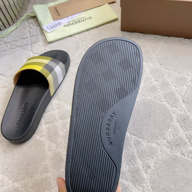 BURBERRY 26S CHECK RUBBER SLIDES IN LIME YELLOW CHECK CALFSKIN
