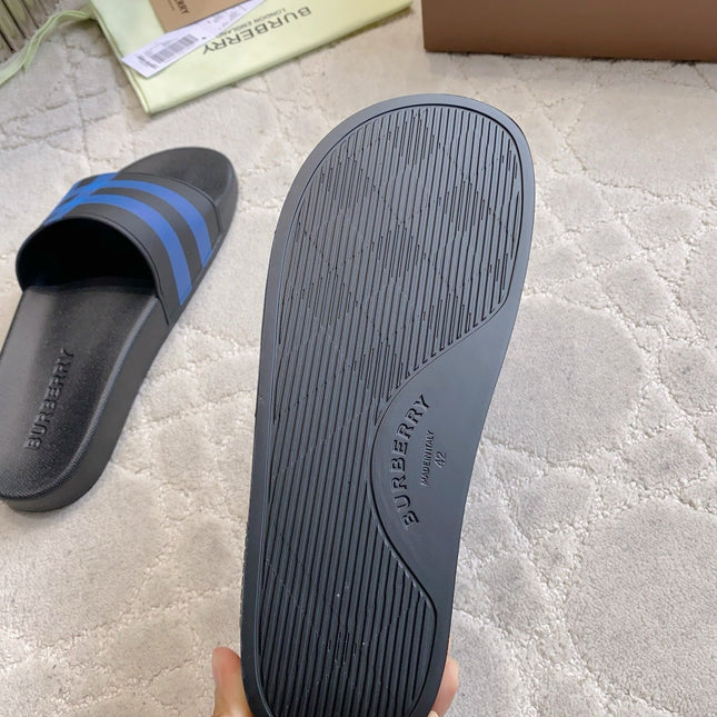 BURBERRY 26S CHECK PRINT RUBBER SLIDES IN BLUE BLACK CALFSKIN