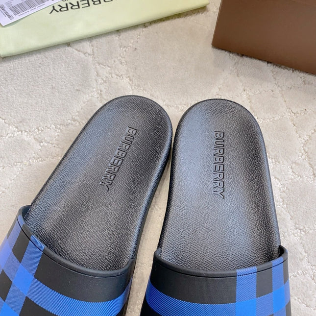 BURBERRY 26S CHECK PRINT RUBBER SLIDES IN BLUE BLACK CALFSKIN