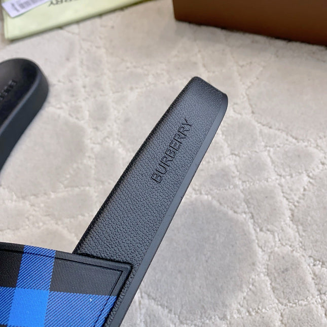 BURBERRY 26S CHECK PRINT RUBBER SLIDES IN BLUE BLACK CALFSKIN