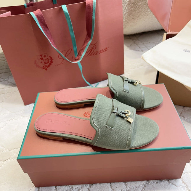 LP 26S SLIDES IN LIGHT OLIVE GREEN CANVAS AND CALFSKIN
