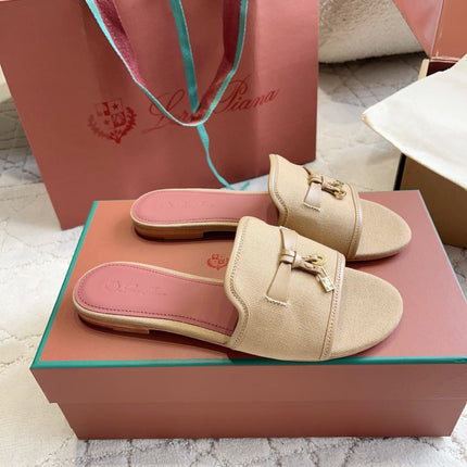LP 26S SLIDES IN NUDE BEIGE CANVAS AND CALFSKIN