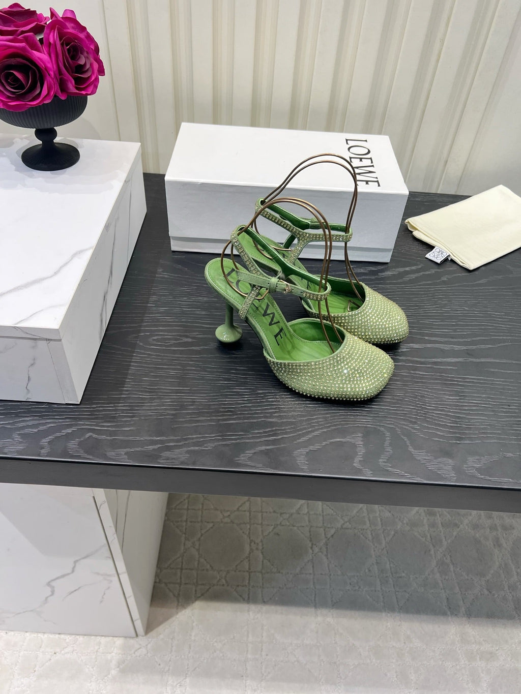 LOEWE 26S EMBELLISHED HIGH HEELS 60 MM IN GREEN CALFSKIN