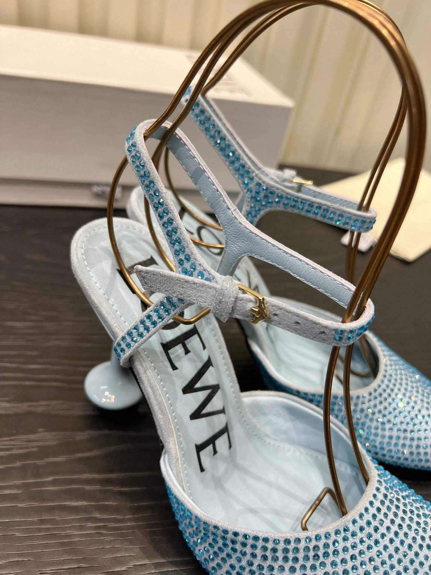 LOEWE 26S EMBELLISHED HIGH HEELS 60 MM IN LIGHT BLUE CALFSKIN