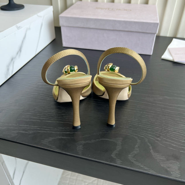 JIMMY CHOO 26S HIGH-HEEL SANDALS 100 MM IN OLIVE GREEN SATIN AND CALFSKIN